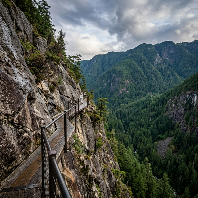 Narrow cliff-edge walkway along granite rock face above forested canyon