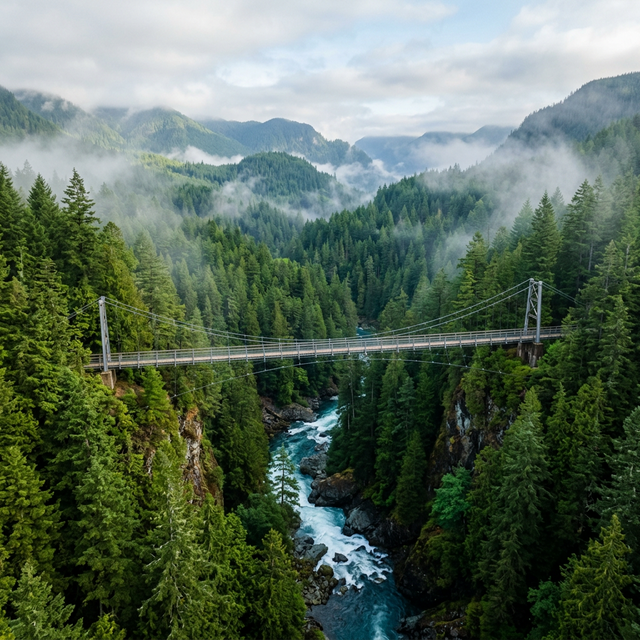 Aerial view of a suspension bridge in a lush Pacific Northwest rainforest canyon