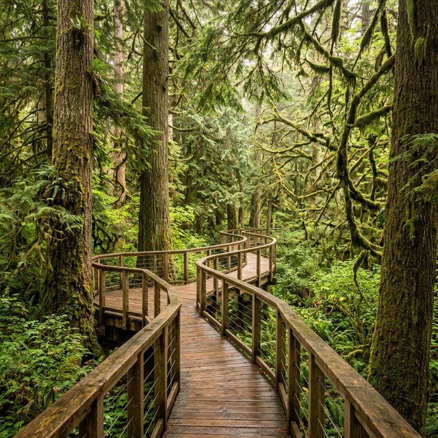 Elevated wooden walkway platform among old-growth trees in a Pacific Northwest rainforest